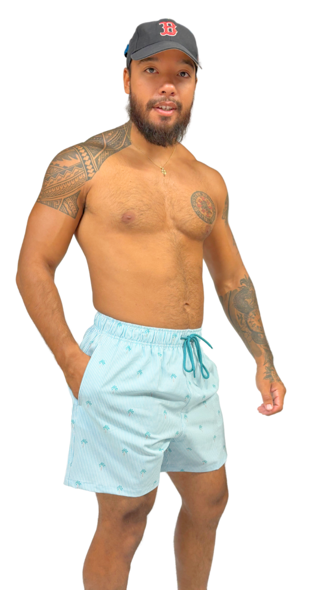Short de bain homme vert d’eau rayé avec imprimé palmiers – maillot de bain homme style plage – Image 3