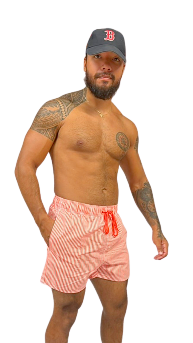 Short de bain homme corail à fines rayures – maillot de bain homme tendance été – Image 3