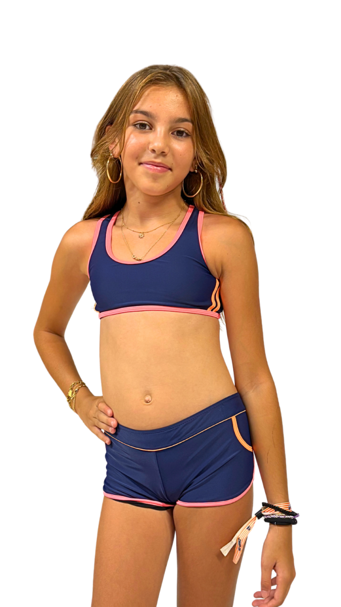 Maillot de bain fille 2 pièces brassière shorty bandes contrastées sportif tendance plage piscine – Image 2