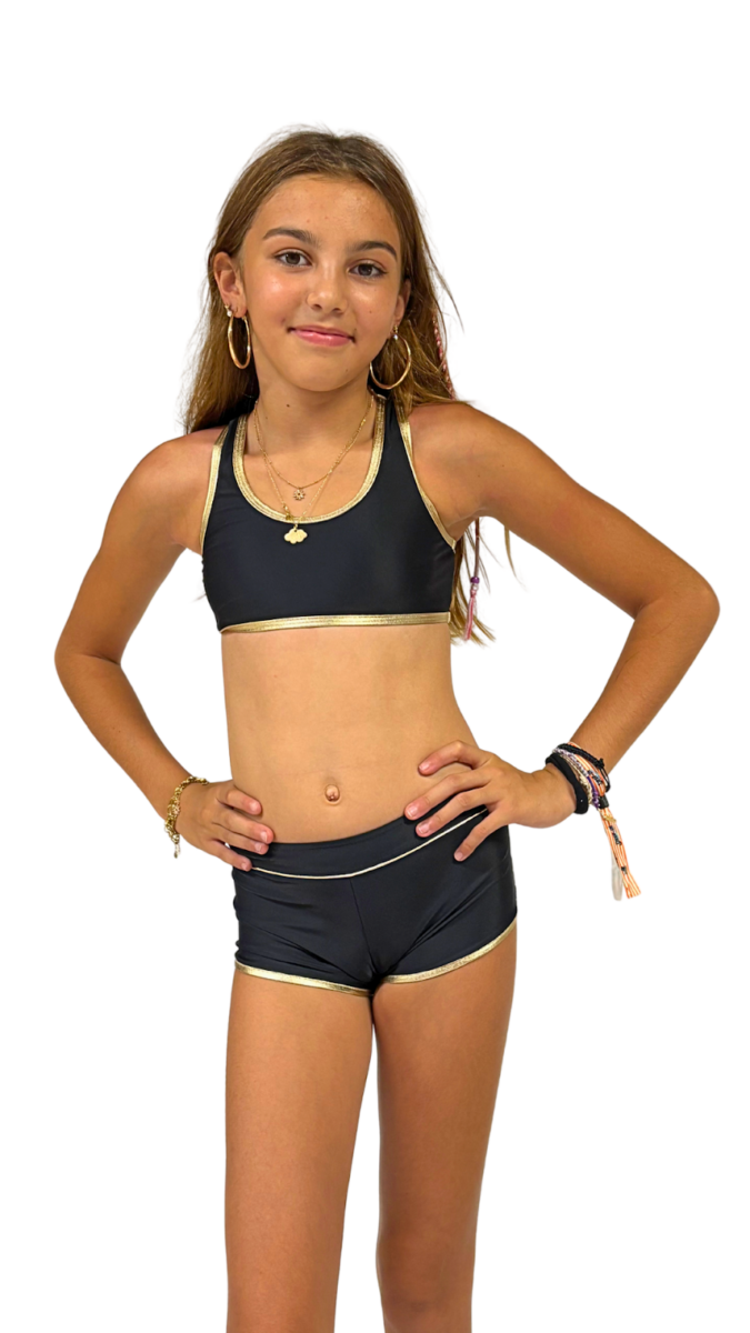 Maillot de bain fille 2 pièces brassière noir shorty détails dorés sportif chic été plage piscine – Image 2
