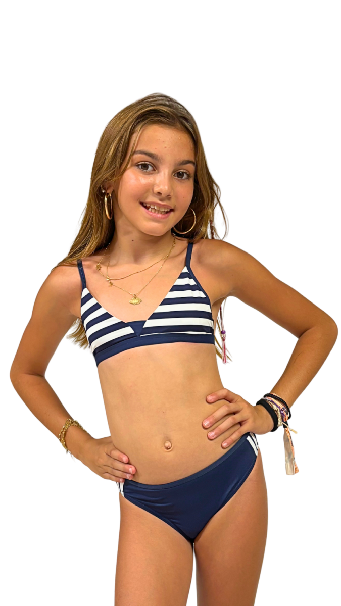 Maillot de bain fille 2 pièces triangle rayures marinière bleu et blanc style nautique été plage piscine – Image 2