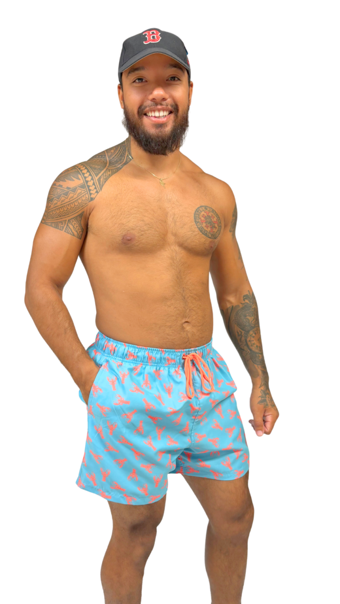 Short de bain homme bleu turquoise avec imprimé homards rouges – maillot de bain homme original été – Image 3