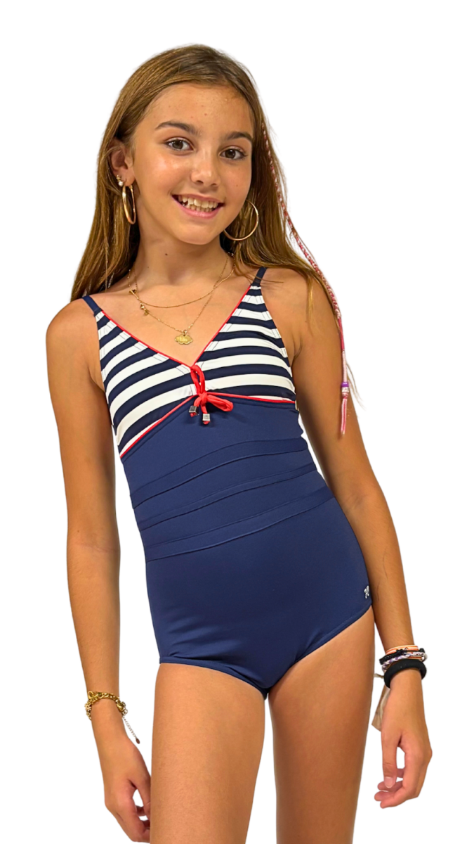 Maillot de bain fille 1 pièce rayures marinière bleu et blanc détail lacet rouge style nautique plage piscine été – Image 2
