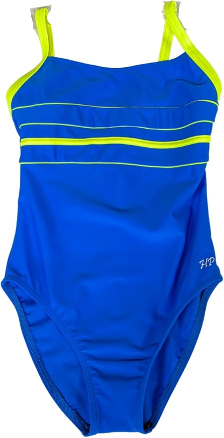 Maillot de bain fille 1 pièce bleu et jaune fluo bretelles fines bandes contrastées sportif tendance plage piscine été – Image 2