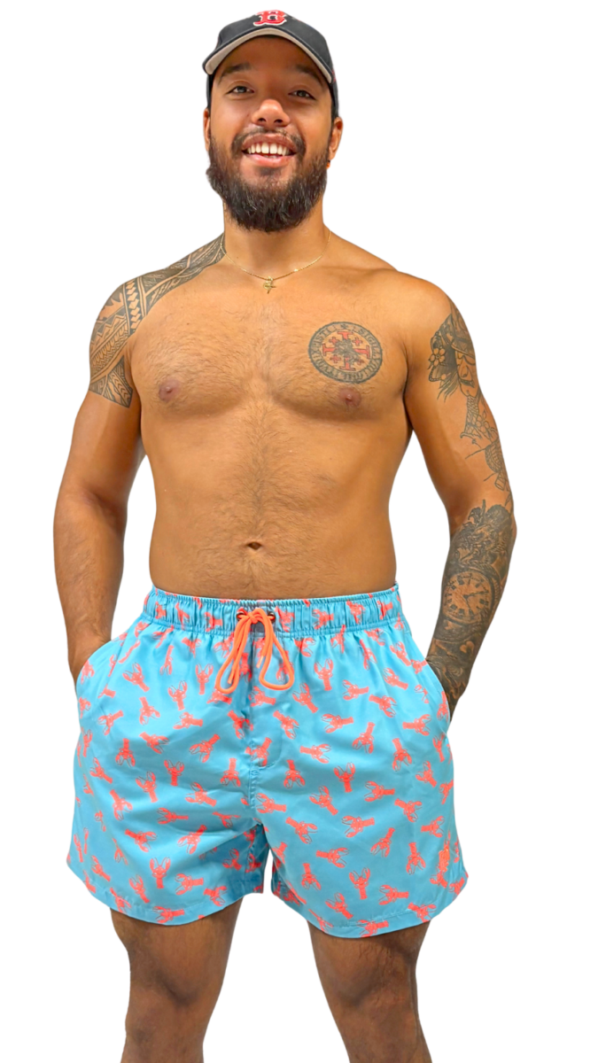 Short de bain homme bleu turquoise avec imprimé homards rouges – maillot de bain homme original été – Image 2