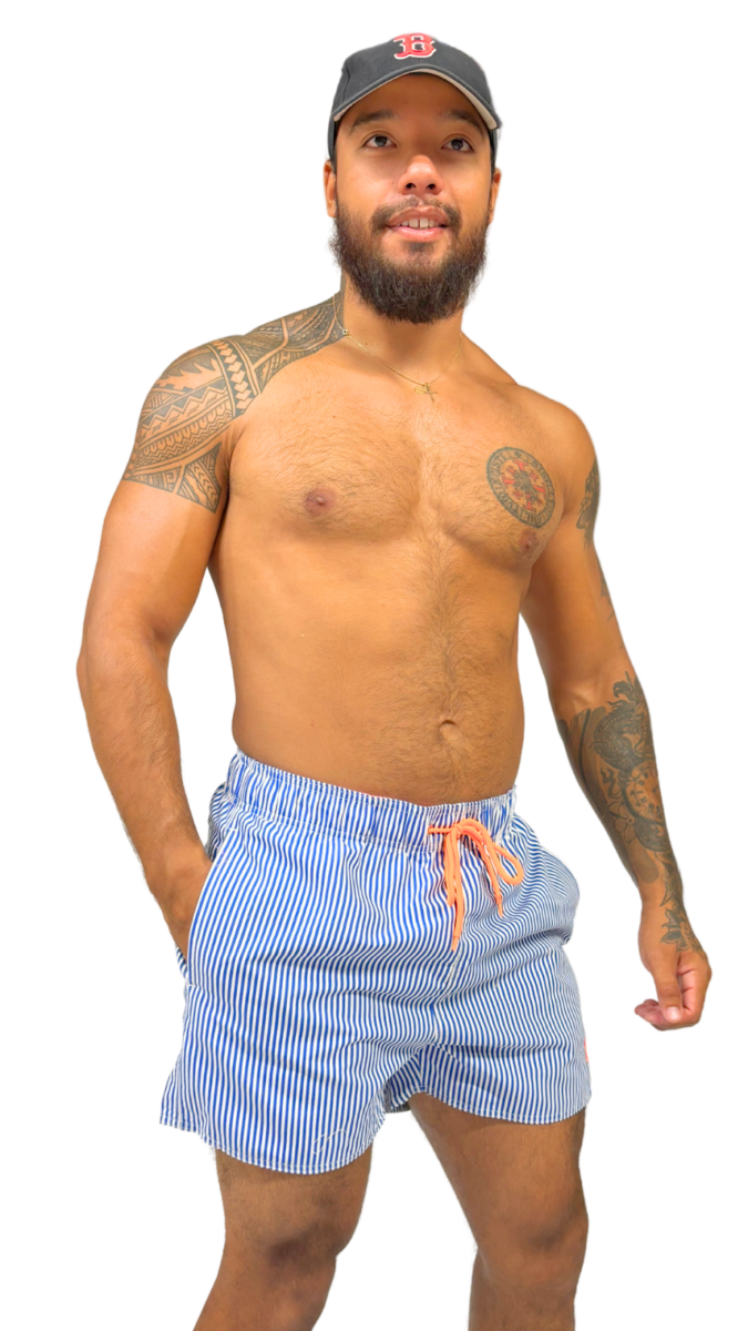 Short de bain homme rayé bleu et blanc avec cordon – maillot de bain homme style bord de mer – Image 2