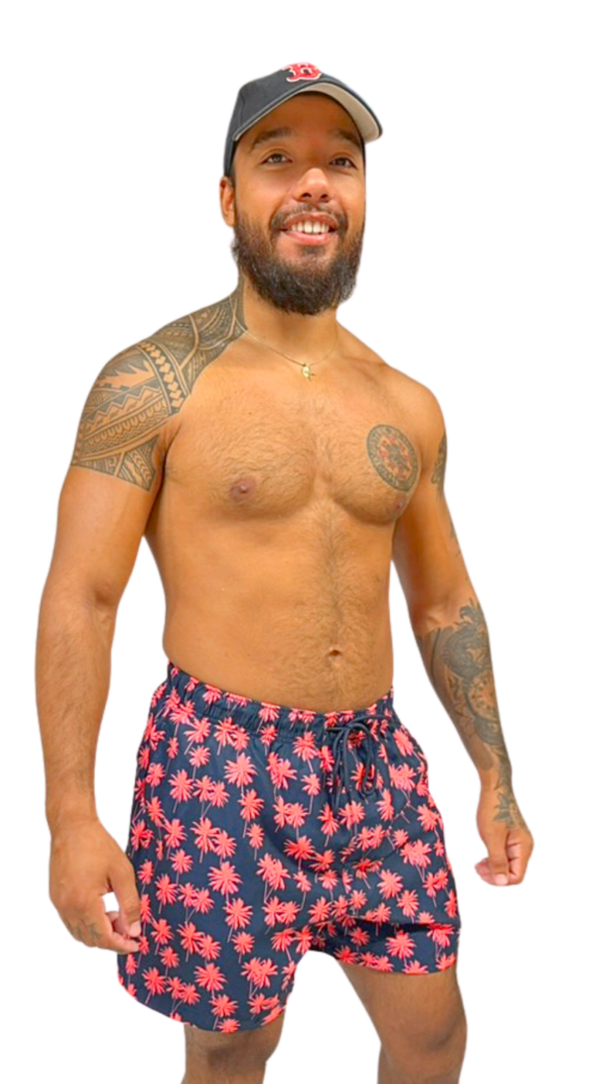 Short de bain homme bleu marine avec imprimé palmiers rouges – maillot de bain homme tendance été – Image 2