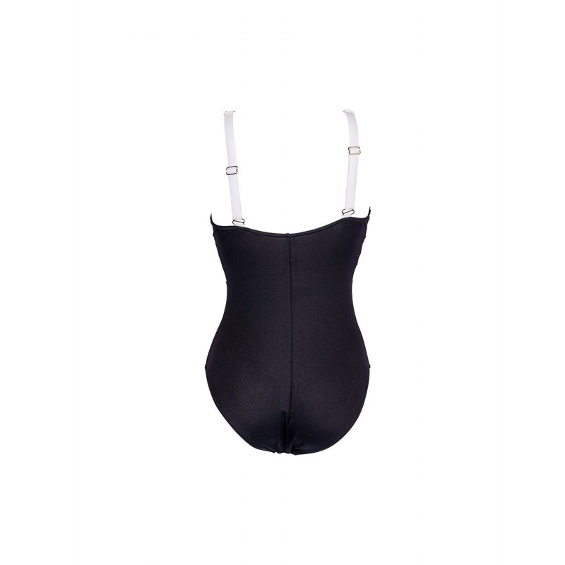 Maillot de bain femme 1 pièce noir et blanc décolleté V bandes contrastées effet gainant élégant plage piscine été – Image 3