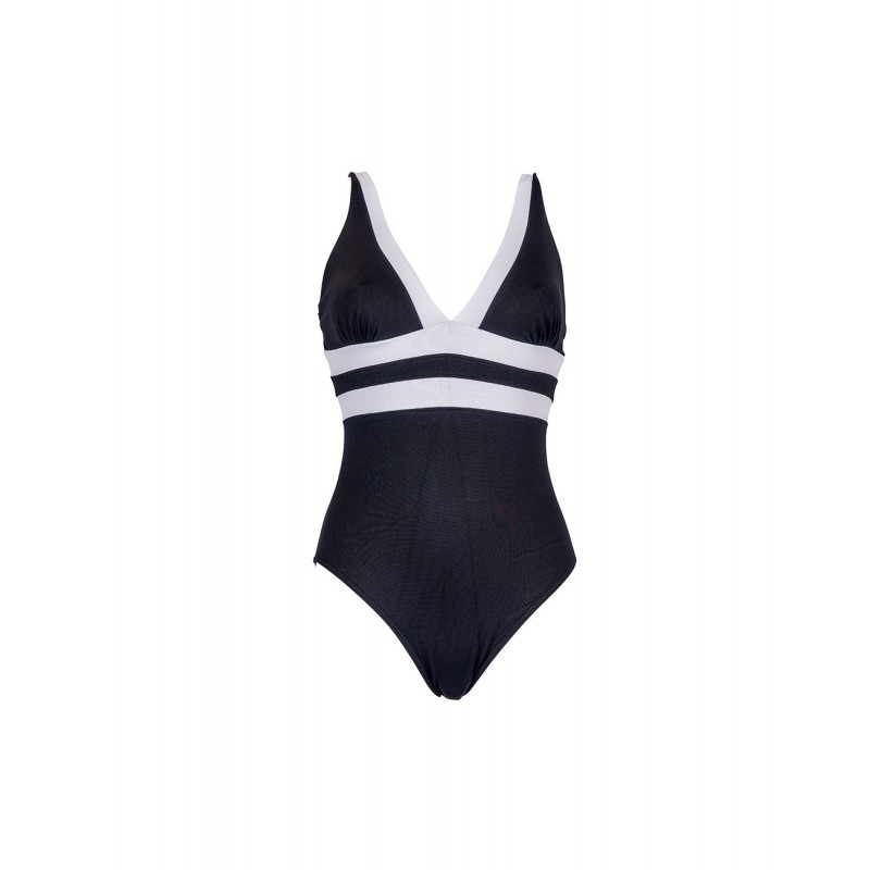 Maillot de bain femme 1 pièce noir et blanc décolleté V bandes contrastées effet gainant élégant plage piscine été – Image 2
