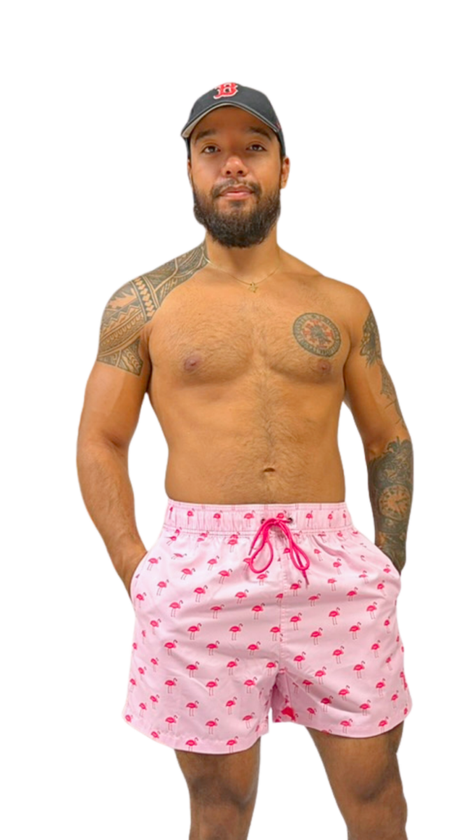 Short de bain homme rose clair avec imprimé flamants – maillot de bain homme tendance été – Image 2