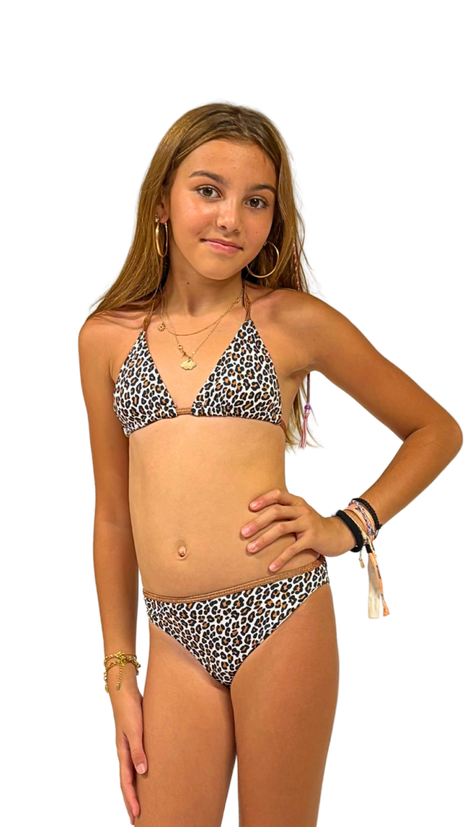Maillot de bain fille 2 pièces triangle imprimé léopard détails dorés tendance été plage piscine fashion – Image 2