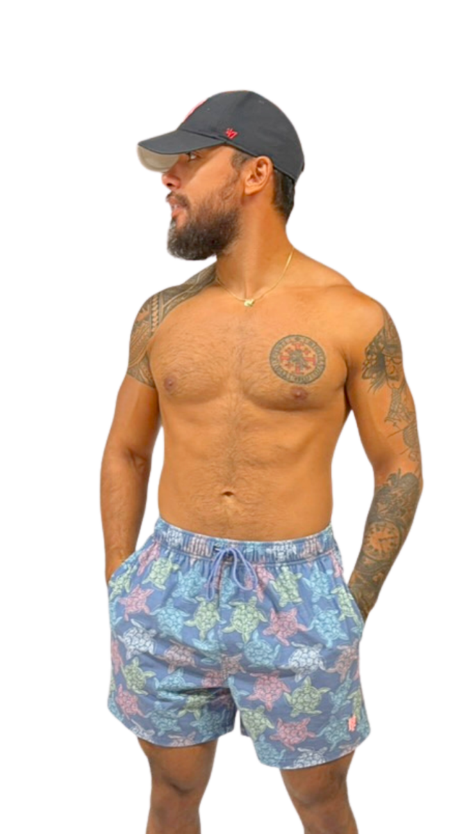 Short de bain homme bleu avec imprimé tortues – maillot de bain homme motif marin été – Image 3