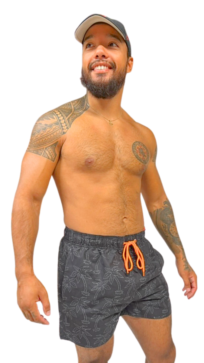 Short de bain homme noir avec imprimé palmiers et cordon orange – maillot de bain homme tendance été – Image 2