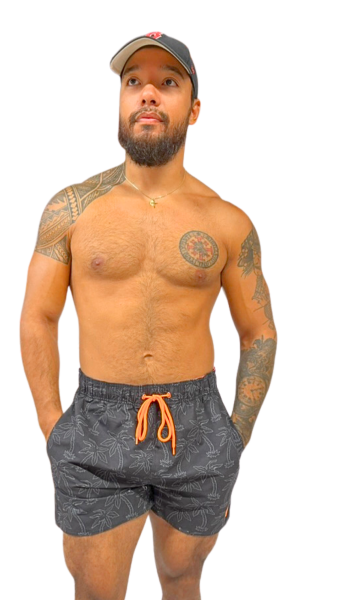 Short de bain homme noir avec imprimé palmiers et cordon orange – maillot de bain homme tendance été – Image 3