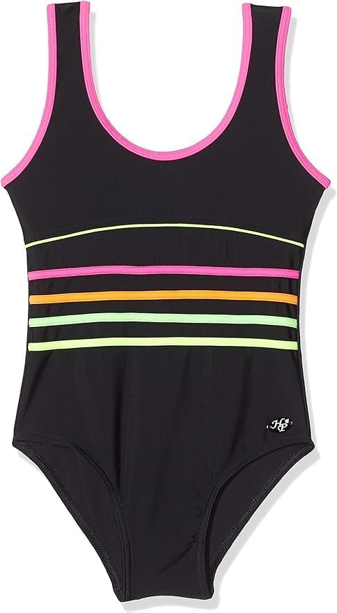 Maillot de bain fille 1 pièce noir bandes multicolores rose jaune vert bretelles larges sportif tendance plage piscine été – Image 2