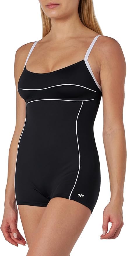 Maillot de bain femme 1 pièce shorty noir bretelles fines détails contrastés blanc gainant sport piscine plage – Image 2
