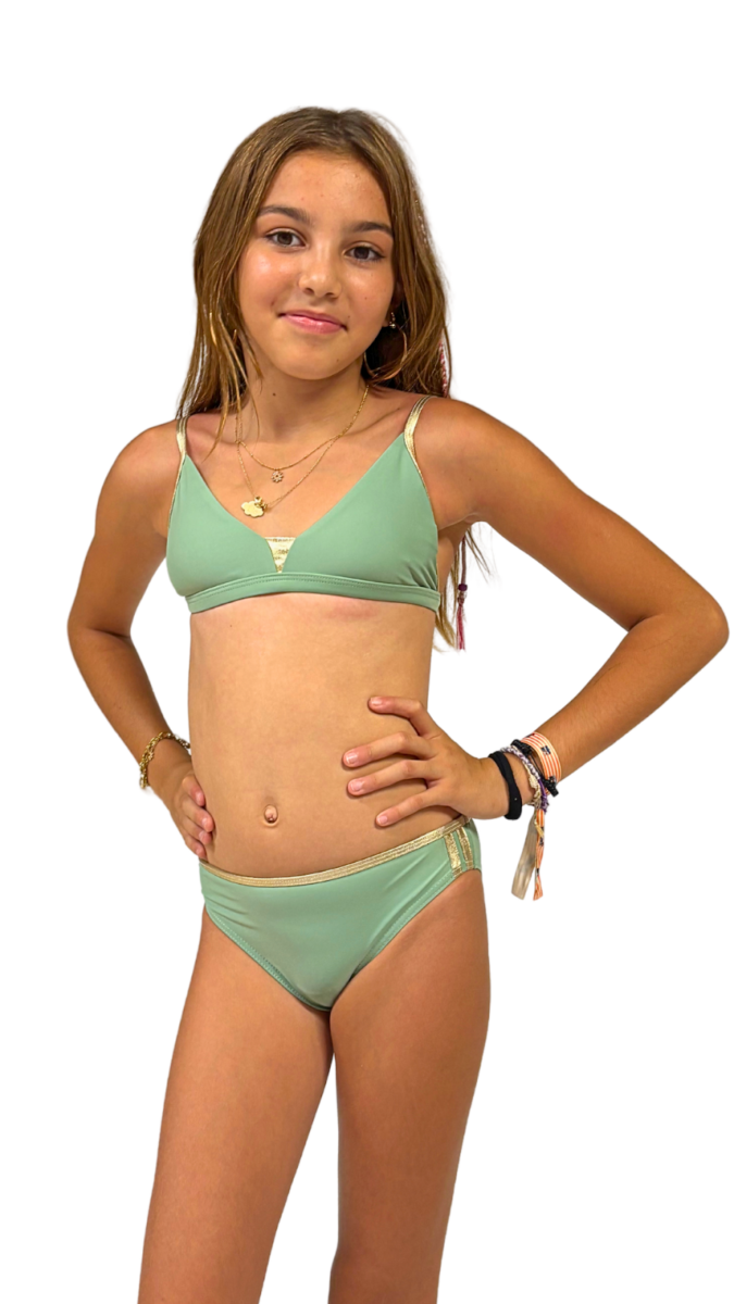 Maillot de bain fille 2 pièces triangle vert pastel détails dorés élégant tendance été plage piscine – Image 2