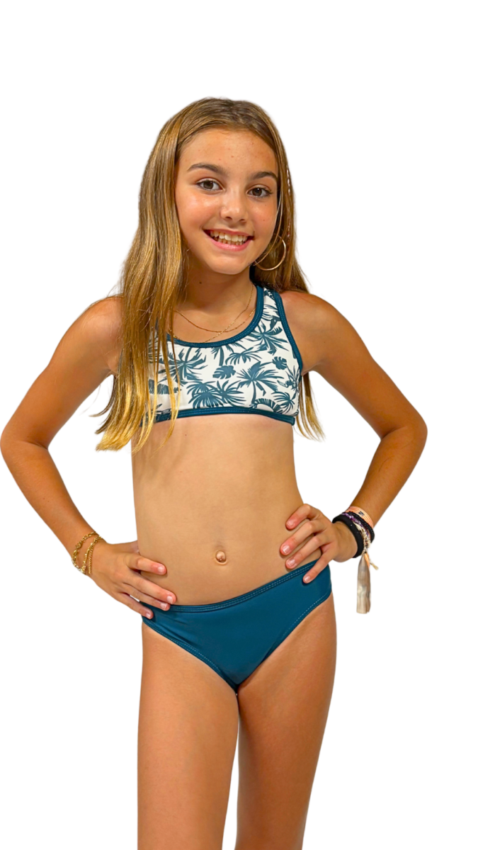 Maillot de bain fille 2 pièces brassière imprimé tropical bleu vert shorty assorti tendance été plage piscine – Image 2