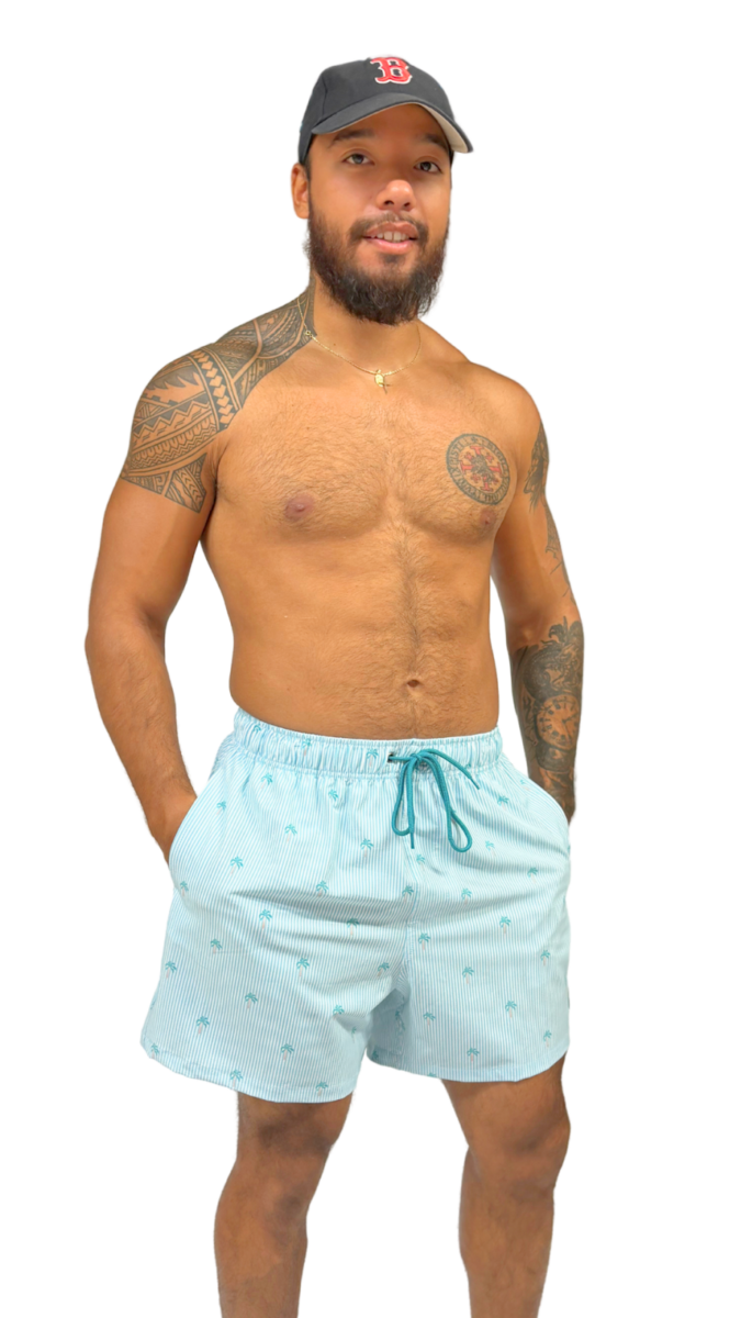Short de bain homme vert d’eau rayé avec imprimé palmiers – maillot de bain homme style plage – Image 2